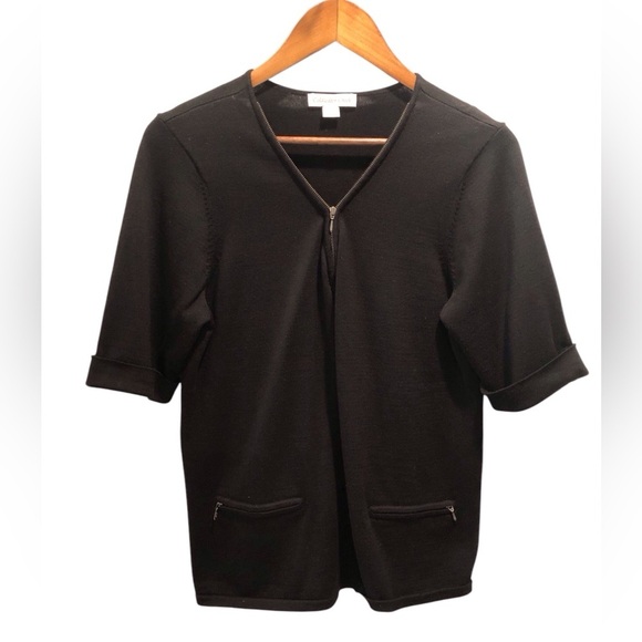 Coldwater Creek Large 14/16 Black Ribbed Knit Blouse 1/4 Zip S/S Zipper Pockets - Picture 1 of 7